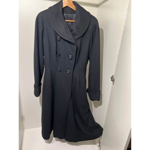 Vintage Black Wool Blend Long Overcoat Women’s Small Double Breasted Wide Lapel - Picture 1 of 10